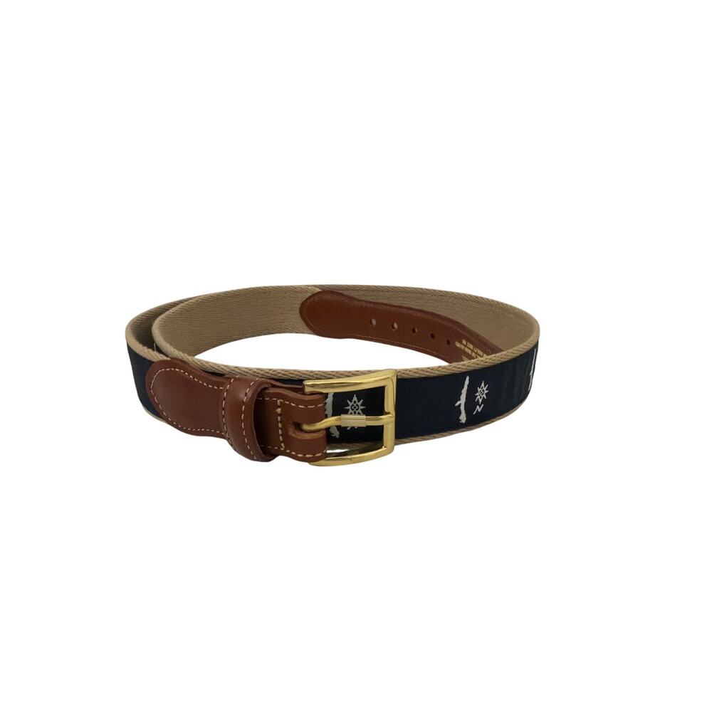 Leather Man Ltd Navy Nautical Ribbon Belt Khaki Canvas Brown Leather Gold 36